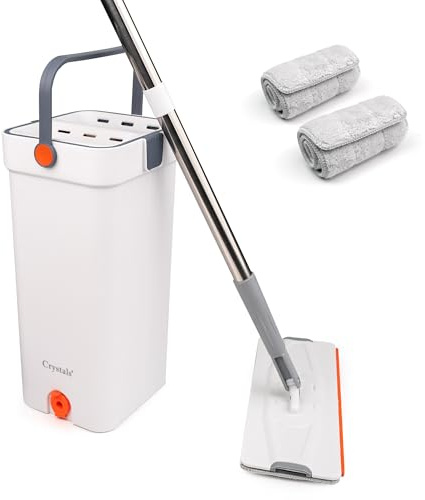 Crystal Flat Mop and Bucket Set with Wringer – Hands-Free Floor Cleaning System with 2 Microfiber Pads, Ultra-Fine Absorption, Strong Decontamination, for Hardwood, Tile, Marble & More