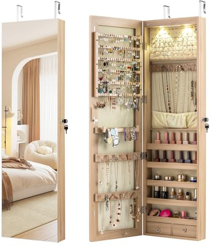 GOPLUS Schmuckschrank mit LED, Spiegelschrank hängend mit Schlüsseln, Schmuckregal mit Spiegel für Ringe, Ohrringe, Halsketten, Armbänder, 120x35,5x10cm (Beige)