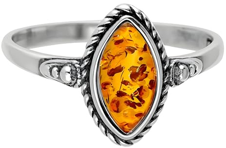 Designer Inspirations Boutique Bague vintage en argent sterling avec bordure en corde d'ambre de la Baltique pour femme Taille L-R, Argent sterling Argent sterling Pierre précieuse, Ambre