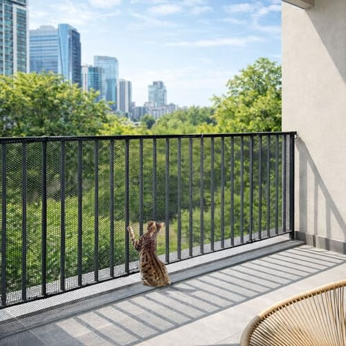 Gainspra 15ft x 3ft Balcony Netting for Pets - Heavy Duty Cat Balcony Net, Thickened Mesh Railing Protector for Apartment, Stairs, Deck Banister Guard with 45 Zip Ties & 25 Ropes, Black