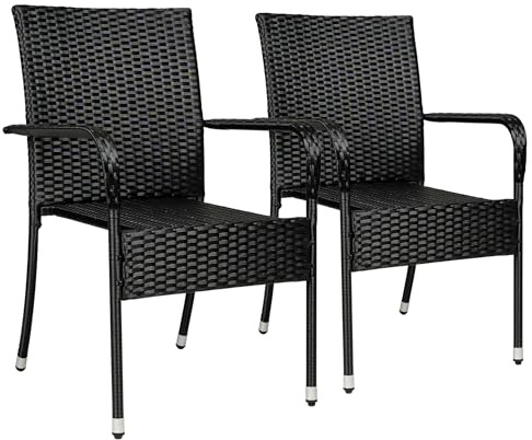Indoba Polyrattan Gartenstühle schwarz, stapelbar – 2er Set mit Armlehnen – wetterfeste Rattanstühle für Garten, Balkon und Terrasse – IND-70194-ST