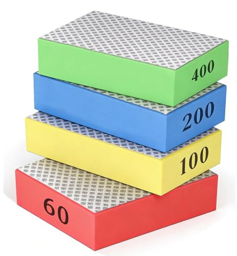 Diamond Hand Polishing Pads Set, 60/100/200/400 Grit Sanding Blocks, 4 Pcs | Electroplated abrasive surface, Wet and dry application, Ergonomic foam backing, Precise edge repair, Professional finish