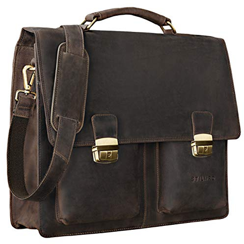 STILORD Tiberius Retro Aktentasche Leder Businesstasche zum Umhängen DIN A4 Dokumententasche mit Schultergurt echtes Rindsleder Farbe:dunkel - braun