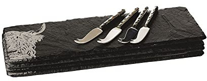The Just Slate Company JS/MCBS/HC 4 Mini Highland Cow Cheese Board and Knife Set, Slate, Silver