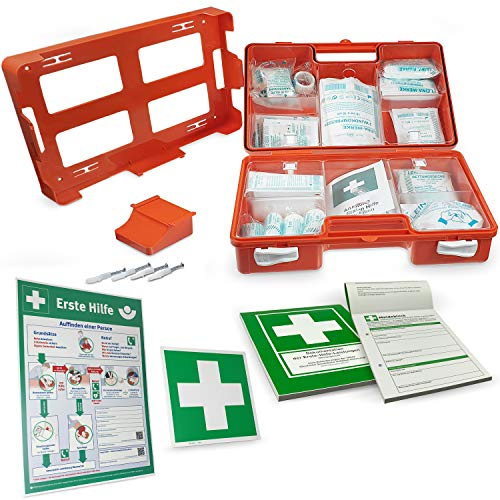 Betriebsausstattung24 Erste-Hilfe-Koffer Komplettset für Betriebe nach DIN - Verbandskasten inkl. Inhalt, Hinweisschild, Sicherheitsaushang & Meldeblock - First AID Box (Small, Orange - DIN 13157)
