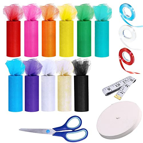 Allazone 17 PCS Rollen Tüllmit Schere, 11 Farbe Berolle Tüllrolle Tüllband Tüll Dekostoff 15CM x 23M, Gummiband Maßband für Tutu Röcke, Geschenkverpackungen, Hochzeit, Dekoration