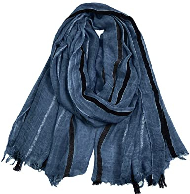 Kangqifen Mens Soft Striped Scarf Cotton Linen Large Scarves for Summer or Winter Navy blue