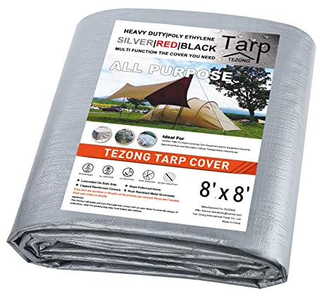 Tarps Heavy Duty Waterproof 8X8ft,Silver Large Tarp Cover Plastic Poly Tarpaulin 12MIL Thick Multipurpose Outdoor Tarp