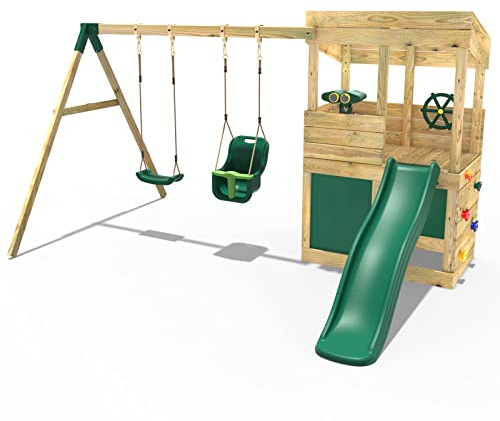 Rebo® Wooden Lookout Tower Playhouse with 6ft Slide with Swings - Zion | OutdoorToys | Pressure Treated Timber, Baby Swing, Secret Den, Climbing Wall, either Binoculars or Telescope & Steering Wheel