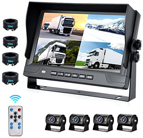 CAMECHO Heavy Duty Vehicle Truck Bus Backup Camera System, 9 Inch 4 Split Screen Reversing Camera Monitor DVR 360° Front Back Left and Right Car Rear View Camera 18 IR Night Vision IP68 Waterproof