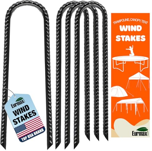 Eurmax USA 12 Inch Trampoline Stakes,Heavy Duty Ground Anchors,Trampoline Anchors,U Hook,Tent Stakes for High Wind,Ground Anchor Screw in,Yard Stakes,Galvanized Steel (4 Pack,Black)