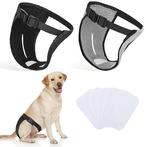 2er-Pack Hundehosen, Hundewindeln mit 6 Damenbinden, verstellbare Schutzhose für Hündinnen bei Hitze, monatliche Blutungen, wiederverwendbar, waschbar, Hygienehose für Hunde (L-schwarz&grau)