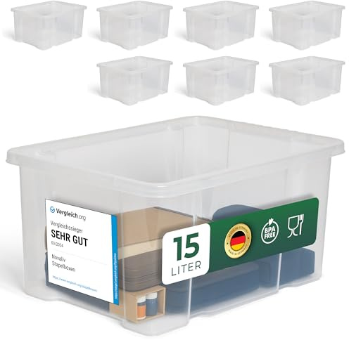 Novaliv 8x Aufbewahrungsboxen ohne Deckel 15L transparente Nestbar stapelbare Storage boxes Kunststoffbox BPA-frei 39x28,5x19,5 cm