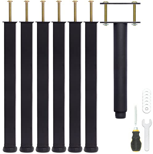 Pied de Lit 35 cm à Visser, Pied Sommier à Lattes Universel, Reglable en Hauteur, Metal, Carré + Rond, Boulons M8, pour le Cadre Métallique d’un Sommier Adulte, Noir, Lot de 7 (6 Latéraux + 1 Central)