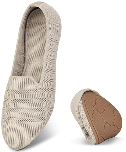 Puxowe Damen Ballerina Slip On Stricken Kleid Flache Schuhe Runde Zehe Ballerina Walking Pumps Schuhe für Frauen Bequem Elegant 38 EU Camel