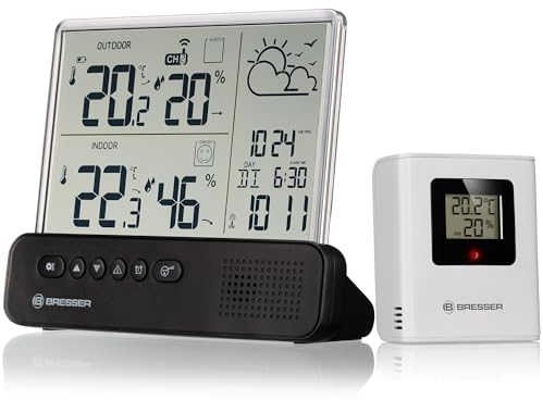Bresser Funkwetterstation mit Außensensor transparentem Display Temperatur Luftfeuchtigkeit Wecker