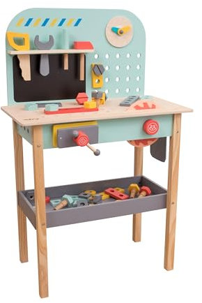 Owl & Fox Holz-Werkbank – Spielzeug-Werkstatt mit Säge, Schraubenschlüssel, Hammer, Schrauben und Zubehör – Rollenspiel für Kinder ab 3 Jahren – Nachhaltig, traditionell & stilvoll