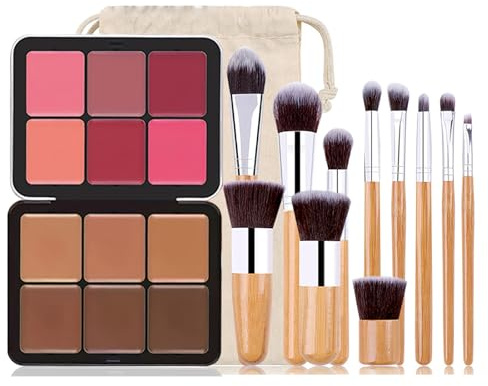 FantasyDay 6 Farben Langanhaltender Hohe Deckkraft Abdeckstift Gesicht Concealer Palette and 6 Farben Rouge Blush, Color Corrector Full Coverage Contour Kiy Makeup Gift Set mit 11 Stück Makeup Pinsel