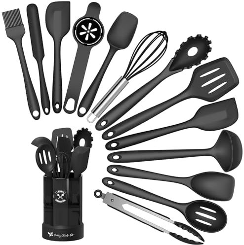 Küchenhelfer Set, 14-teiliges Silikon Kochutensilien Kochbesteck Set, Hitzebeständiger Kochgeschirr mit Utensilienhalter, Antihaft Kochset Küchenutensilien, Spülmaschinenfest - Schwar