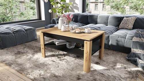 designimpex Design Couchtisch Tisch Asti-P höhenverstellbar 55-67cm Esstisch, Farbe:Eiche Artisan - Schwarz matt