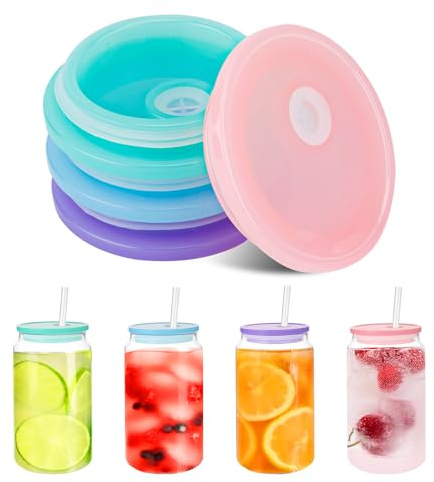 4pcs Acrylic Lids for Glass Cup, Reusable Silicone Jar Cap for 16 oz/20 oz Dustproof Bottle Tumbler Cute Covers Replacement for Beer Can Drinking Whiskey Soda Tea Glasses Gift (Candy Colors)