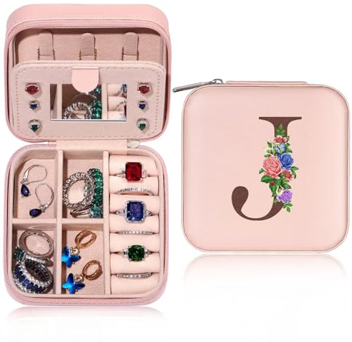 TINGN Geschenk für Frauen - Personalisierte Schmuckkästchen Damen Mädchen mit Initiale J Blume Kleine Schmuckkästchen Reise Schmuckkästchen mit Spiegel Geschenk für Geburtstage Muttertag