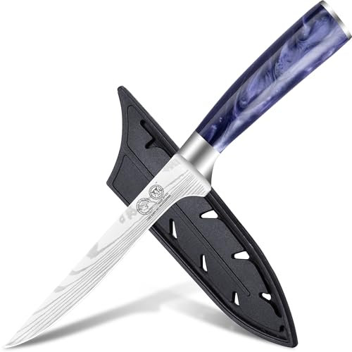 XYJ Coltello da Cucina 6 Pollici, Coltello per Scostare le Ossa in Acciaio Inossidabile con Coperchio, Coltelleria da Cucina, Motivo Laser Damascus, Impugnatura in Resina, Coltello per Filettare Pesce