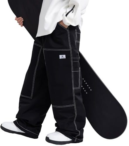 SNOWVERB Modische Streetwear-Snowboard-Jeans für Damen und Herren, wasserdicht, Ski, lockere Passform, Snowboard, isoliert, winddicht, Schneehose (Größe L, Schwarz)