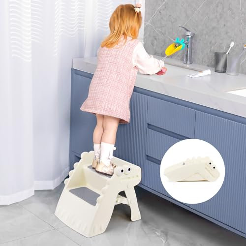 Growaystory Tritthocker Kinder Hocker Kinder Klappbar Tritthocker Kinder 2 Stufen, Rutschfester Hocker Kinder Bad Anti-Kipp Trittschemel für Baby Kinderhocker für Badezimmer und Küche (Cremefarben)