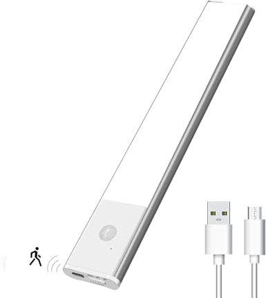 YESTREE Luz de Armario, aluminio con Sensor Movimiento1100mAh Recargable Luz Nocturna Lampara LED Adhesiva para Emergencia, Gabinete, Pasillo, Sótano,Cocina, Garaje Utra duración