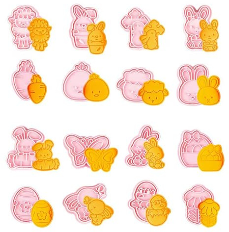 Wohlstand 16 piezas Plástico Moldes Huevos,Cortador de Galletas Pascua,Cortadores de Galletas de Pascua,Sellos de Galletas 3D,Moldes para Galletas,Cortador de Galletas Kit