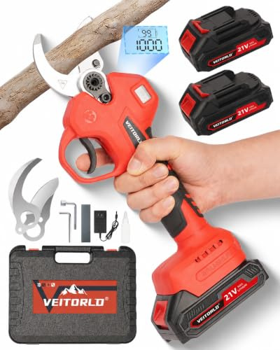 Veitorld Akku Astschere, 40MM Elektrisch Gartenschere mit 2 Akku 2000mAh | Bürstenloser Motor Baumschere, Kabellose Elektrisch Garten Schere mit LED-Schnittzählerm,SK5 Bypass-Klingen für Zweige