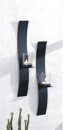 Licht-Erlebnisse Kerzenhalter Metall Glas Schwarz 2er Set 40 cm hoch Modern Wandkerzenhalter für Teelicht Teelichthalter Wand - ohne Kerzen