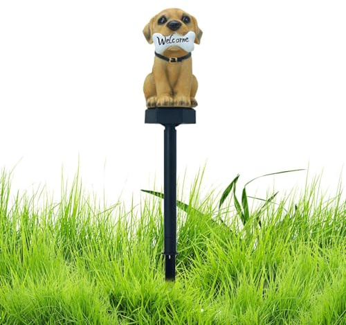 Statue de chien décorative de jardin, chien avec panneau de bienvenue en forme d'os, lampes solaires pour jardin, extérieur, terrasse, pelouse