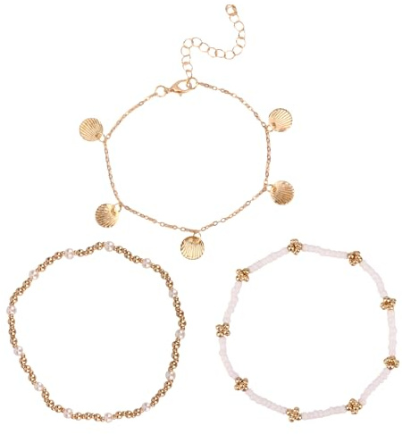 BOXOB Lot de 3 Bracelets de Cheville en Coquillage, Bracelets Cheville Extensibles Coquillage Bohème Femmes Bijoux Pied pour la Plage pour les Vacances les Fêtes en Bord Mer