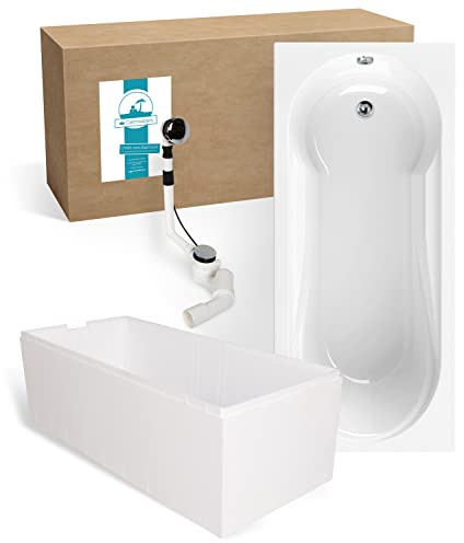 Calmwaters® Badewanne mit Dusche Komplettset 180x80 cm mit Wannenträger & Ablaufgarnitur, Acrylwanne Modern Small 2, Duschzone, Set Badewanne komplett 180 x 80, Duschbadewanne für 2 Weiß, 99000167