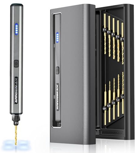 ARROWMAX Mini penna per trapano elettrico, 13 in 1, con custodia in alluminio, ricaricabile, 800 giri/min, kit trapano a mano con morsa ad ago, 10 punte HSS, fai da te, legno, creazione di gioielli