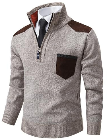 JENJON Homme Pull Tricoté Col Montant Grosse Maille Pullover à Manches Longues avec Fermeture Éclair Épais Automne Hiver