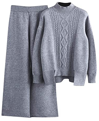 Trainingsanzug für Damen, elegant, sportlich, 2-teilig, aus Strick, lange Ärmel, Rundhalsausschnitt, lässiger Pullover, Top, Hausanzug, Jogging, Herbst