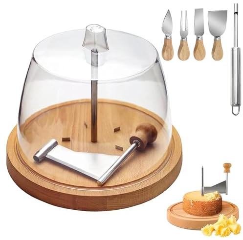 Rizador de queso con forma de flor, rueda para cortar queso con tapa y mango, cortador de queso de acero inoxidable con cúpula, cuchilla afilada y base de madera (Standard Model, With Cover)