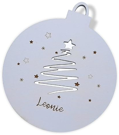 Personalisierte Weihnachtskugel aus Holz (Ø 10 cm) – Tannenbaummotiv – Schwarz oder Weiß – Stilvolle Weihnachtsdeko mit Gravur – Mit Kordel zum Aufhängen (TANNENBAUM weiß)