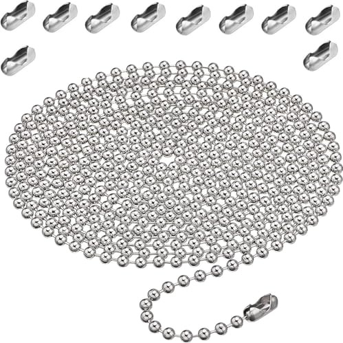 Roller Blind Chain, 4.5mm Roller Blind Chain Beaded Pull Chain Extension, Silver Metal Chain Beaded Ball Roller Chain with 10/12 Roller Blind Chain Connectors for Blinds (2 Meter / 6.5 Feet)