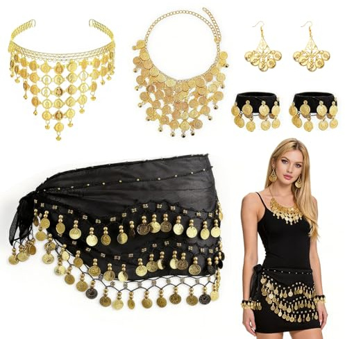 FuYelng 7 Piezas Bufanda de Danza del Vientre Negro con Tocados y Joyas