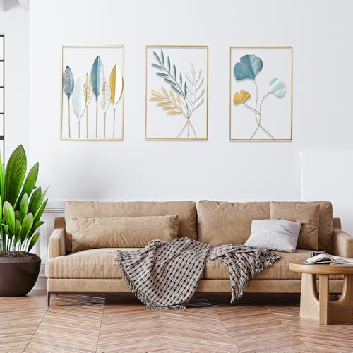 Hengrongshen 3 Stück Wanddeko, Wanddeko Wohnzimmer Blattmotiv, Wand Deko Metall Modern, Metallbilder Wand deko für Wohnzimmer Schlafzimmer Büro & Flur-Golden