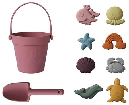 Dynaeuty Sandspielzeug Strandspielzeug 10-teiliges Set – Sandeimer & Tierformen, Spaten, Silikon Spielzeug für Sandkasten, Garten oder Strand, Kinder ab 1 2 3 Jahre(Rosa)