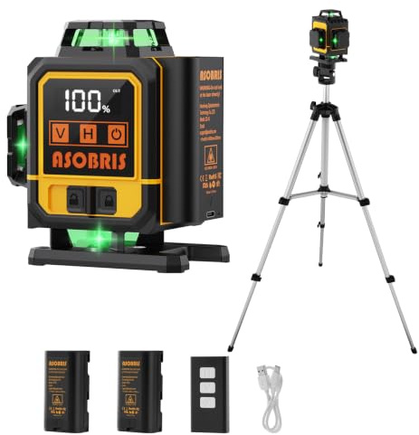 4 x 360° 4D Laser Level with Tripod 16 Lines Green Lazer Level Tool | ASOBRIS – adjustable, rechargeable, for tile, construction, framing, picture, indoor/outdoor. 2x2400mAh batteries included.