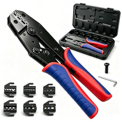 VeftBltrem Set 6 Pezzi Pinza Crimpatrice con Matrici Intercambiabili | Pinza a Cricchetto per Terminali Isolati/Non Isolati, Capicorda, Puntalini, Cavo Solare | Pinza per terminali a cricchetto per capicorda isolati/non isolati, manicotti piatti, terminali per cavi, cavi solari