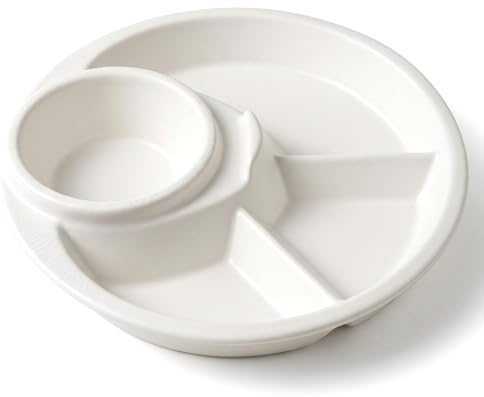 Bonalake Divided Plates for Adults, Ceramic Portion Control Plate for Adults, 4-Compartment Portion Plates with Dipping Well, Ivory White Plate Control for