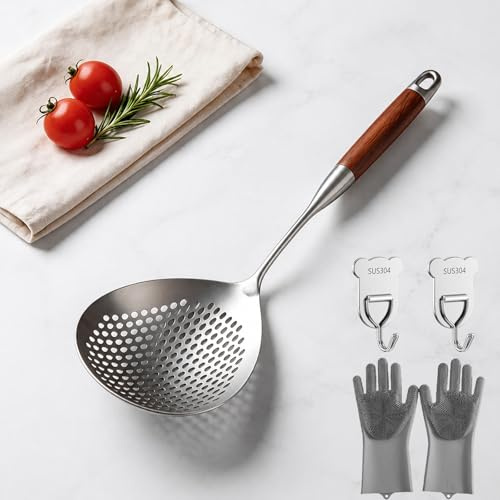 2026 Espumadera de Acero Inoxidable con Mango de Madera (Modelo Mejorado), Cuchara para Freír con Orificios para Colgar, Espumadera de Acero Inoxidable 304 para Cocinar, Freír y Escurrir (1)