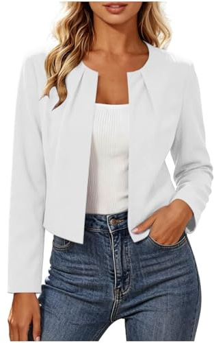 Womens Cropped Blazer - Ladies Collarless Suits & Blazers Open Front Jackets Long Sleeves Outerwear Linen Cardigan Blazers Casual Short Jackets for Business Work Office Going Out